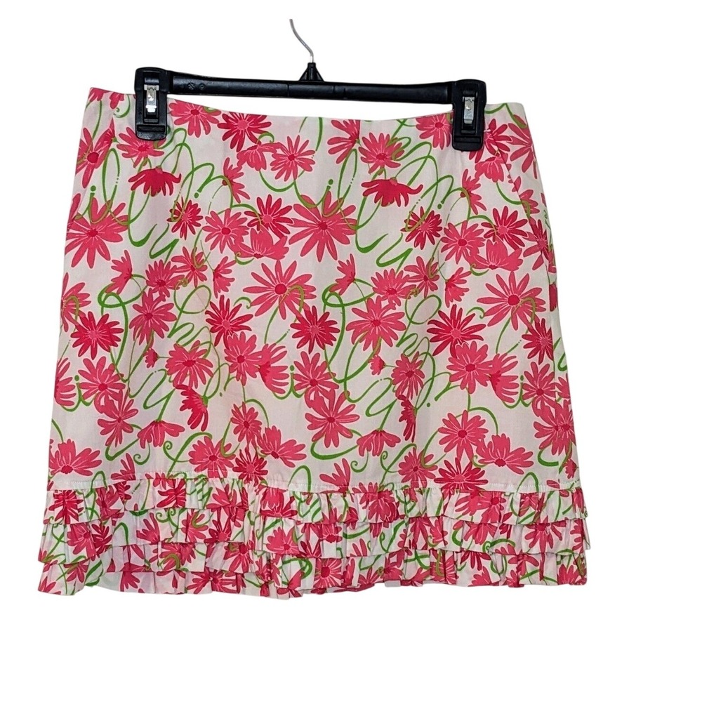 Lilly Pulitzer Skirt Size 4 Pink‎ Green White Floral Ruffle Hem Mini Party